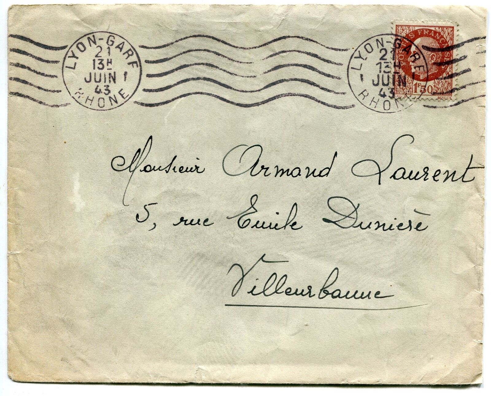 LETTRE LYON GARE POUR VILLEURBANNE 1943 FLAMME PETAIN 400678765980