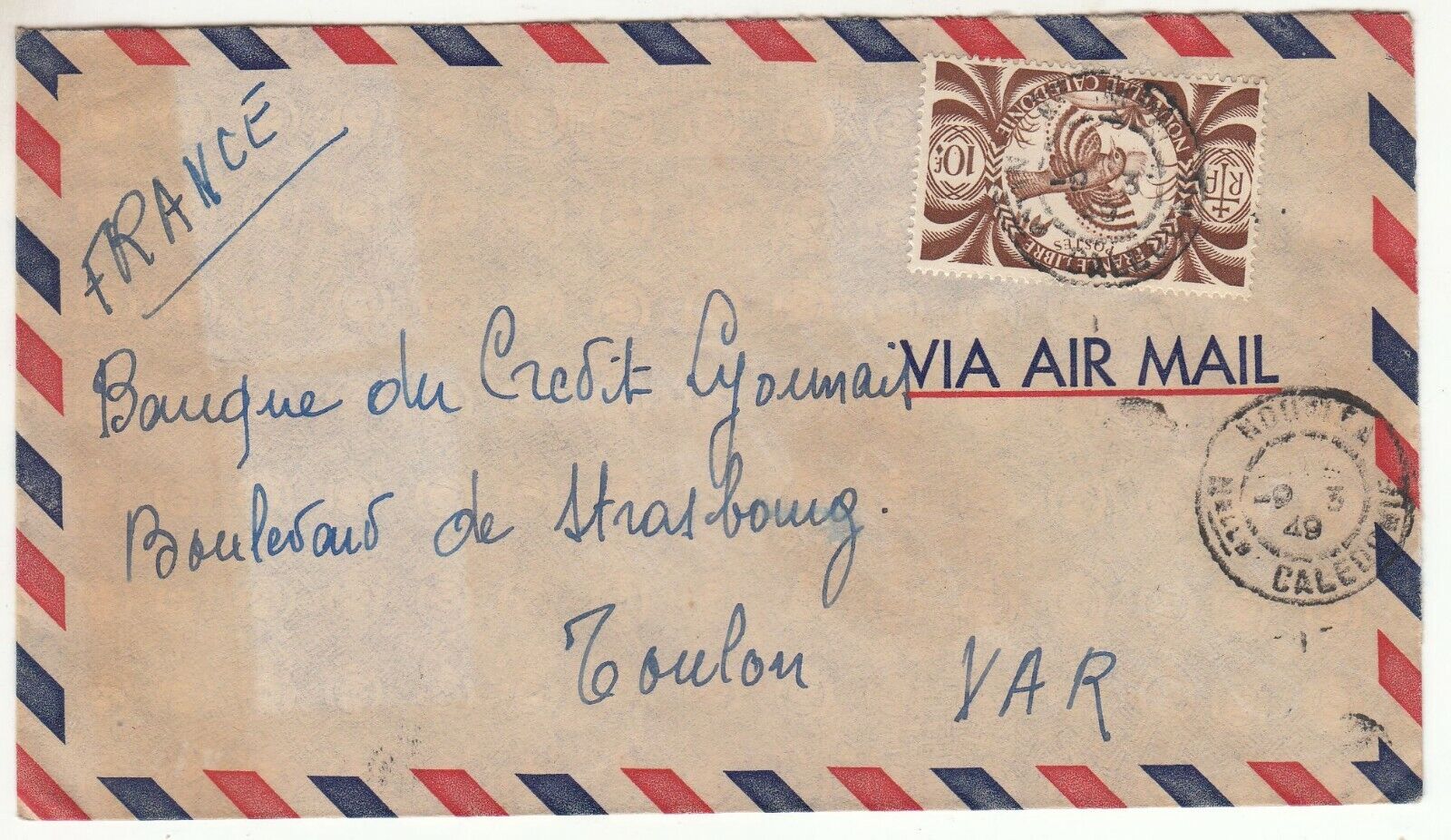 LETTRE NOUMEA NOUVELLE CALEDONIE TOULON 1949 CREDIT LYONNAIS PAR AVION 123748773150