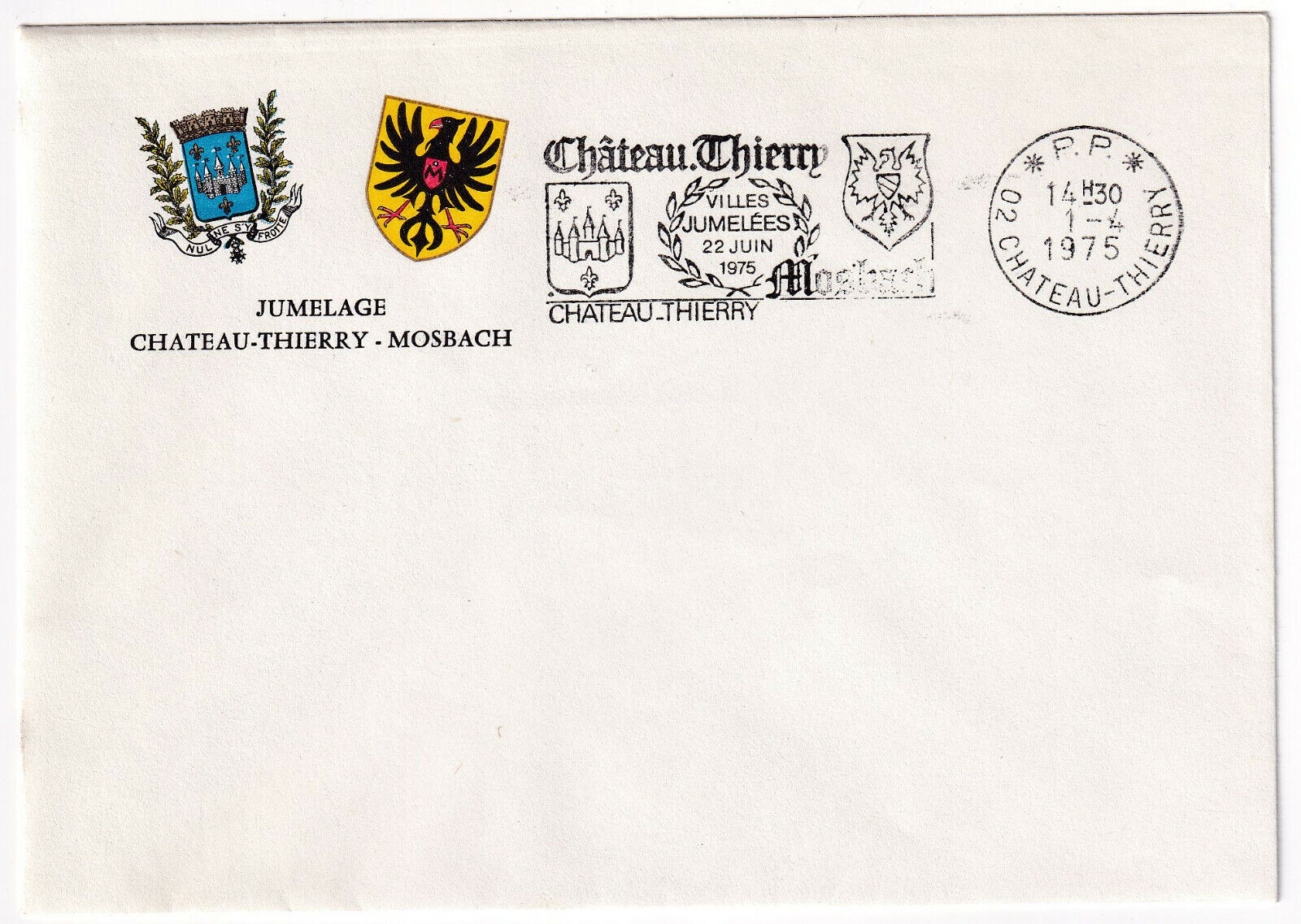 LETTRE PHILATELIQUE CHATEAU THIERRY 1975 JUMELAGE MOSBACH BLASON 403243207390