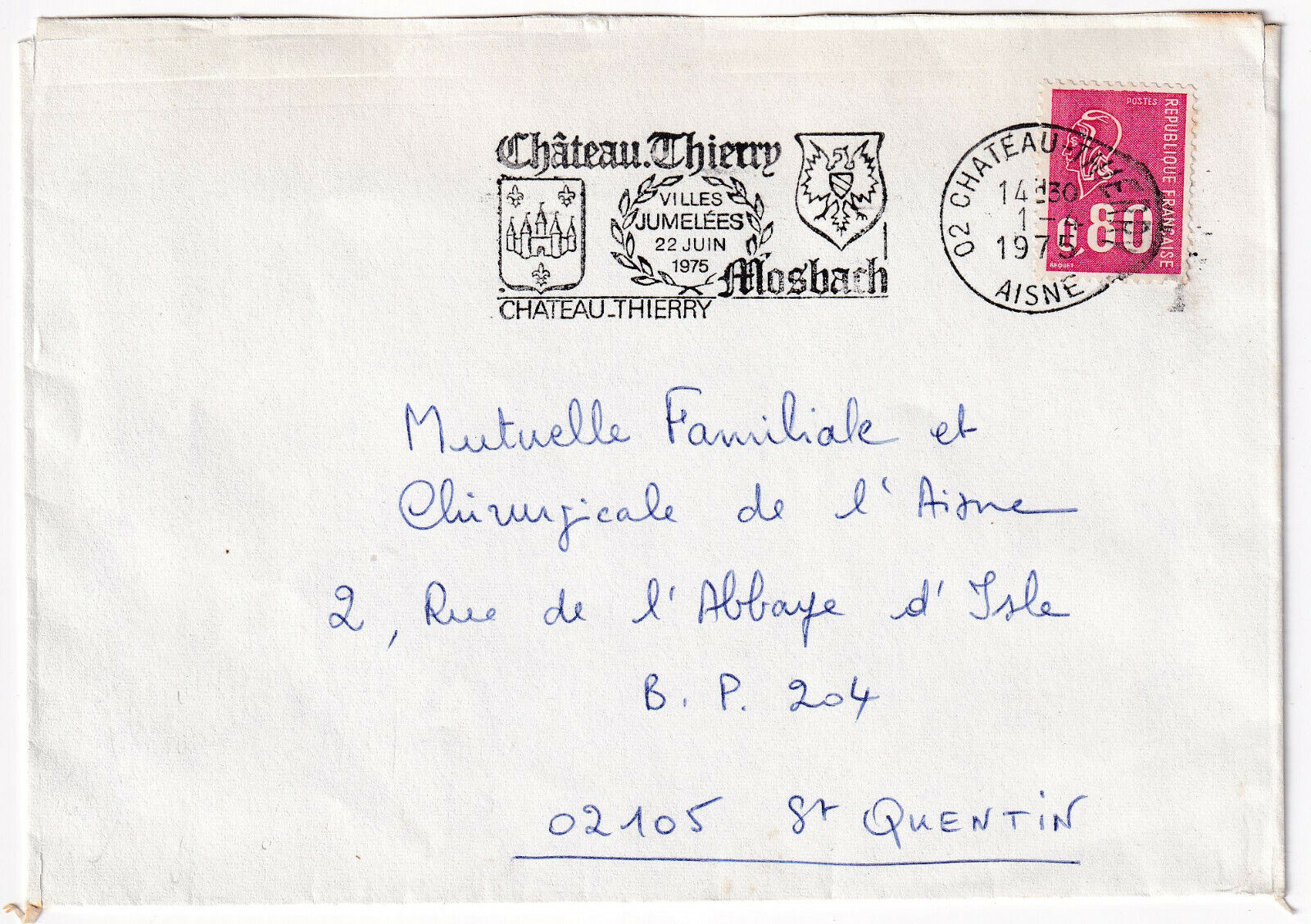 LETTRE PHILATELIQUE CHATEAU THIERRY 1975 JUMELAGE MOSBACH CACHET ETIRER 124962951700