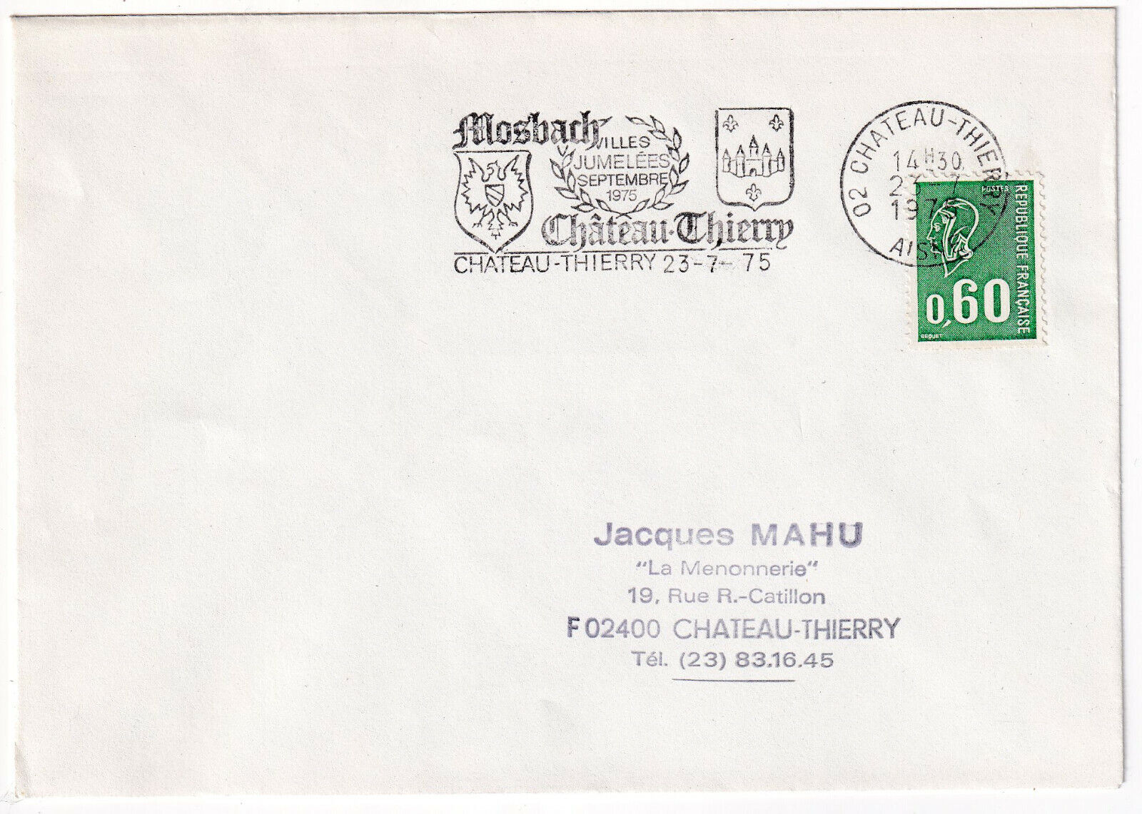 LETTRE PHILATELIQUE CHATEAU THIERRY FLAMME 1975 JUMELAGE MOSBACH 403243207370