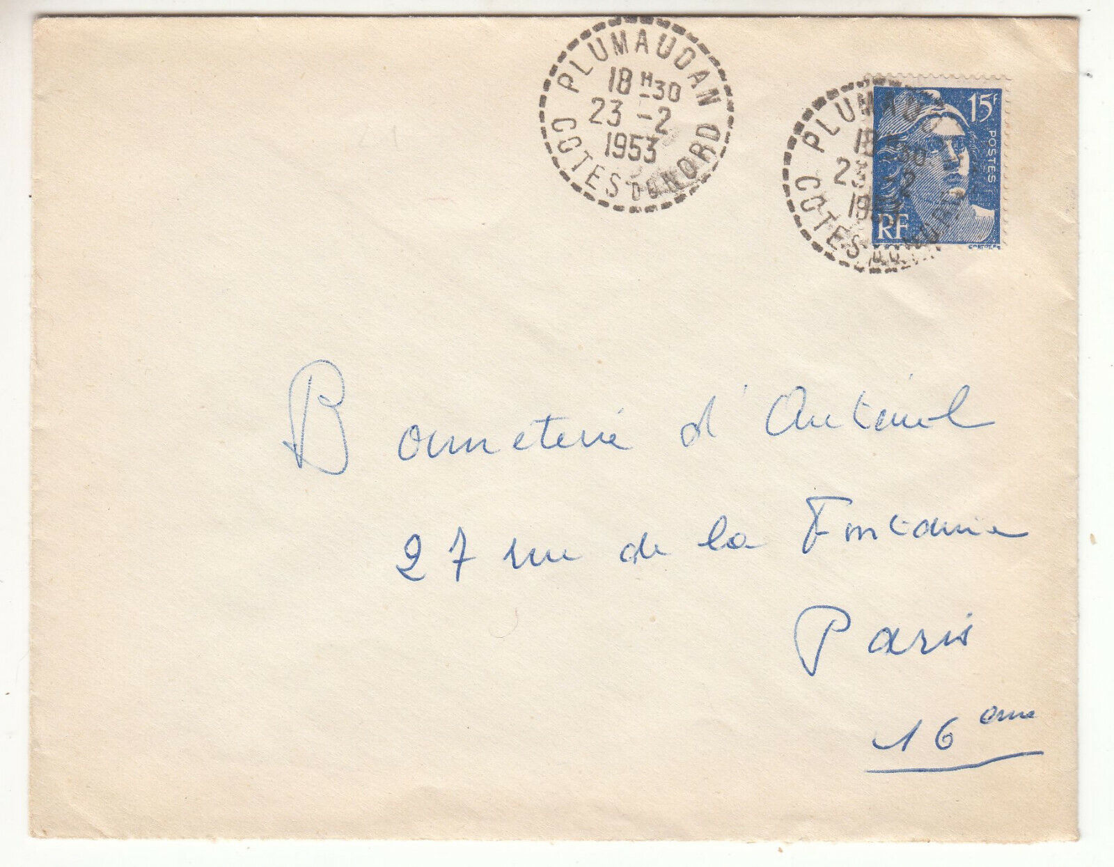 LETTRE PLUMAUDAN POUR PARIS SEUL SUR LETTRE GANDON CACHET PERLE 1953 123849427780