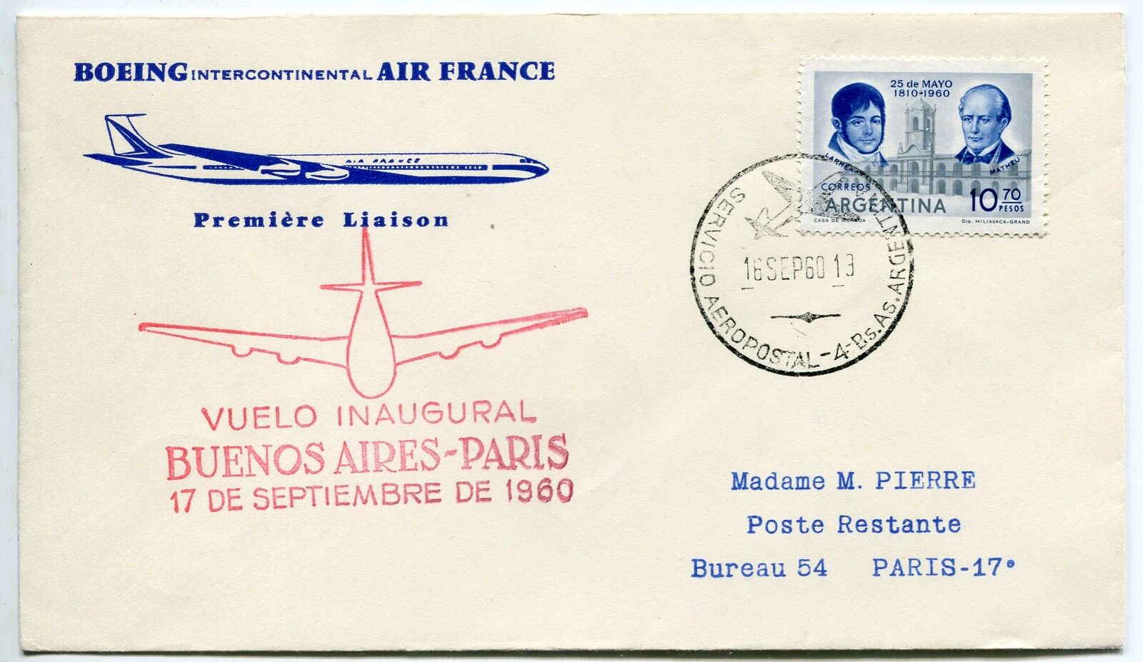 LETTRE PREMIER VOL ARGENTINE PARIS 1960 BUENOS AIRES PARIS AIR FRANCE 400787479930