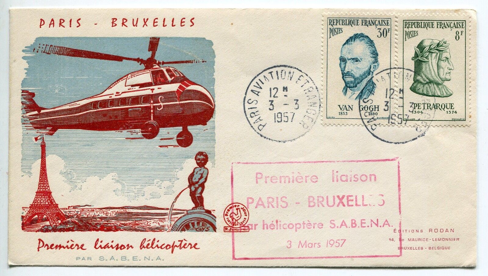 LETTRE PREMIER VOL PARIS BRUXELLES PAR HELICOPTERE 1957 HELIPOST 121458312650