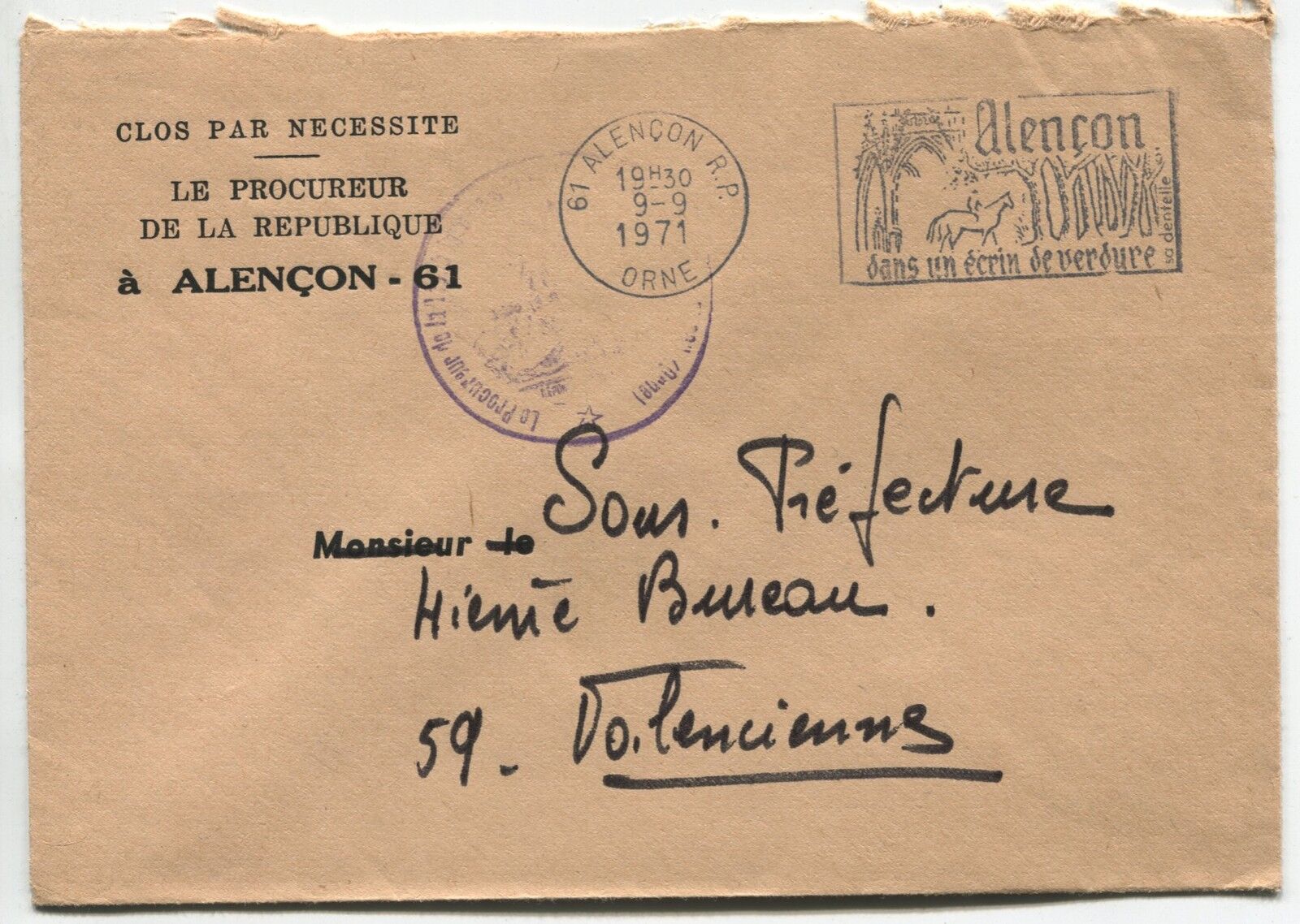 LETTRE PROCUREUR D ALENCON POUR LE SOUS PREFET VALENCIENNES 1971 FLAMME 120890433920