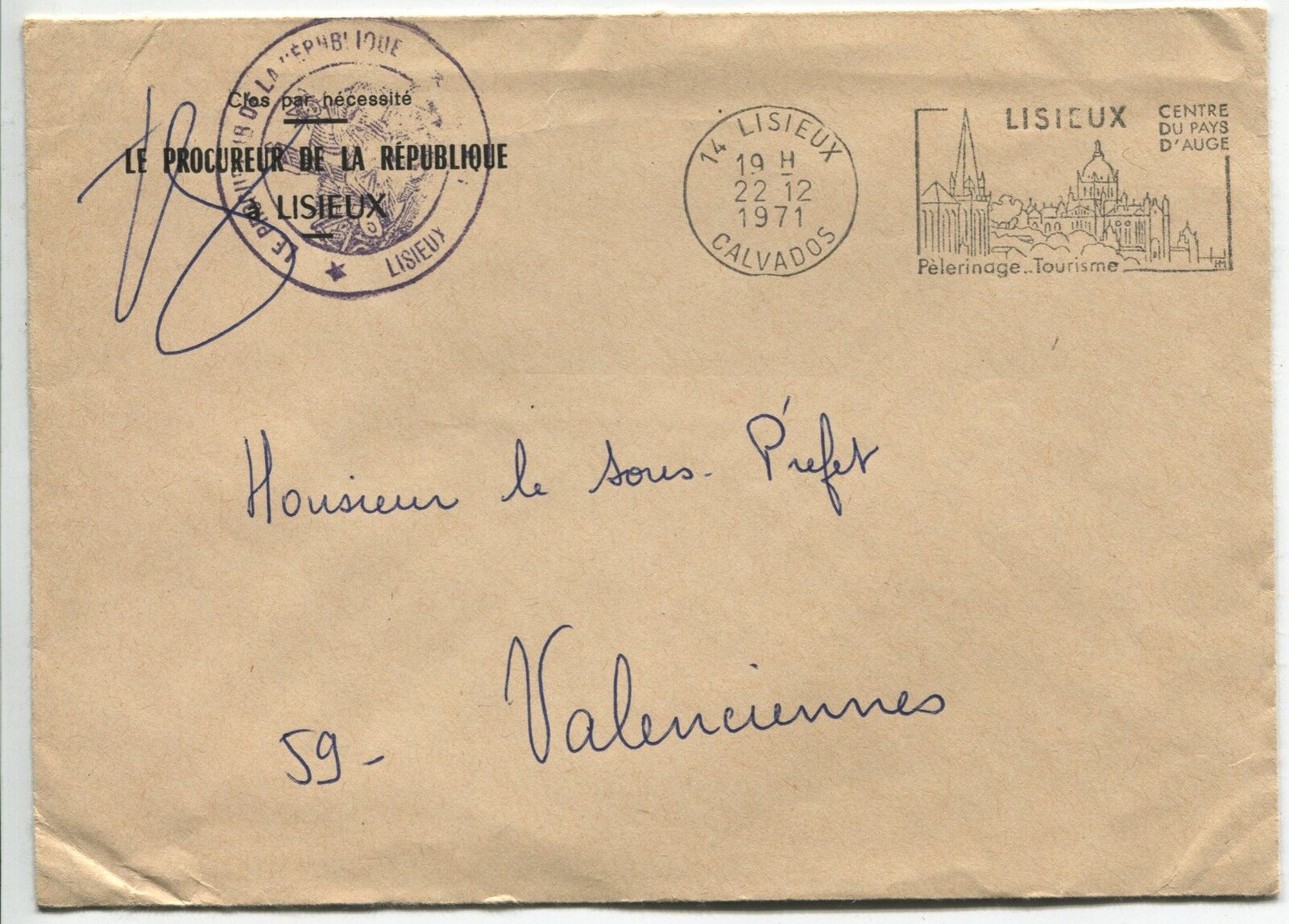 LETTRE PROCUREUR DE LISIEUX POUR LE SOUS PREFET VALENCIENNES 1971 FLAMME 110865976570