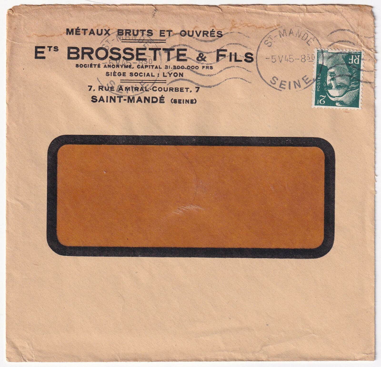 LETTRE PUBLICITAIRE 1945 METAUX BRUTS ET OUVRES ETS BROSETTE ET FILS SAINT MANDE 124959846660