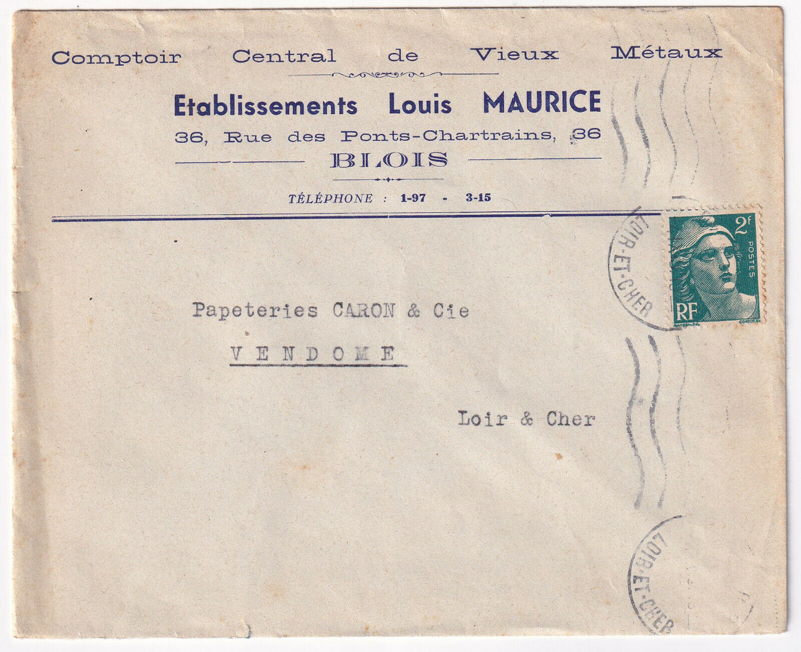 LETTRE PUBLICITAIRE ETABLISSEMENTS LOUIS MAURICE BLOIS COMPTOIR DE VIEUX METAUX 403239163300