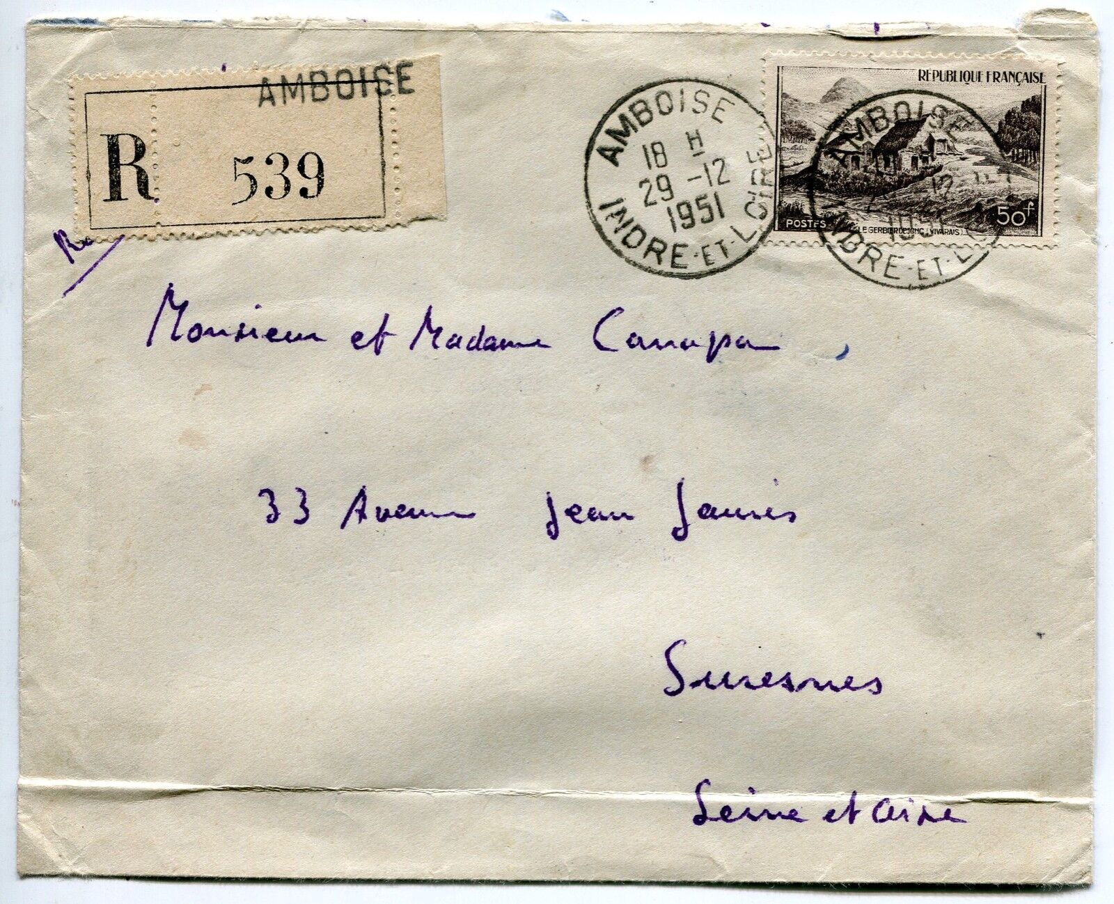 LETTRE RECOMMANDE AMBOISE POUR SURESNES 1951 CACHET 400443731390