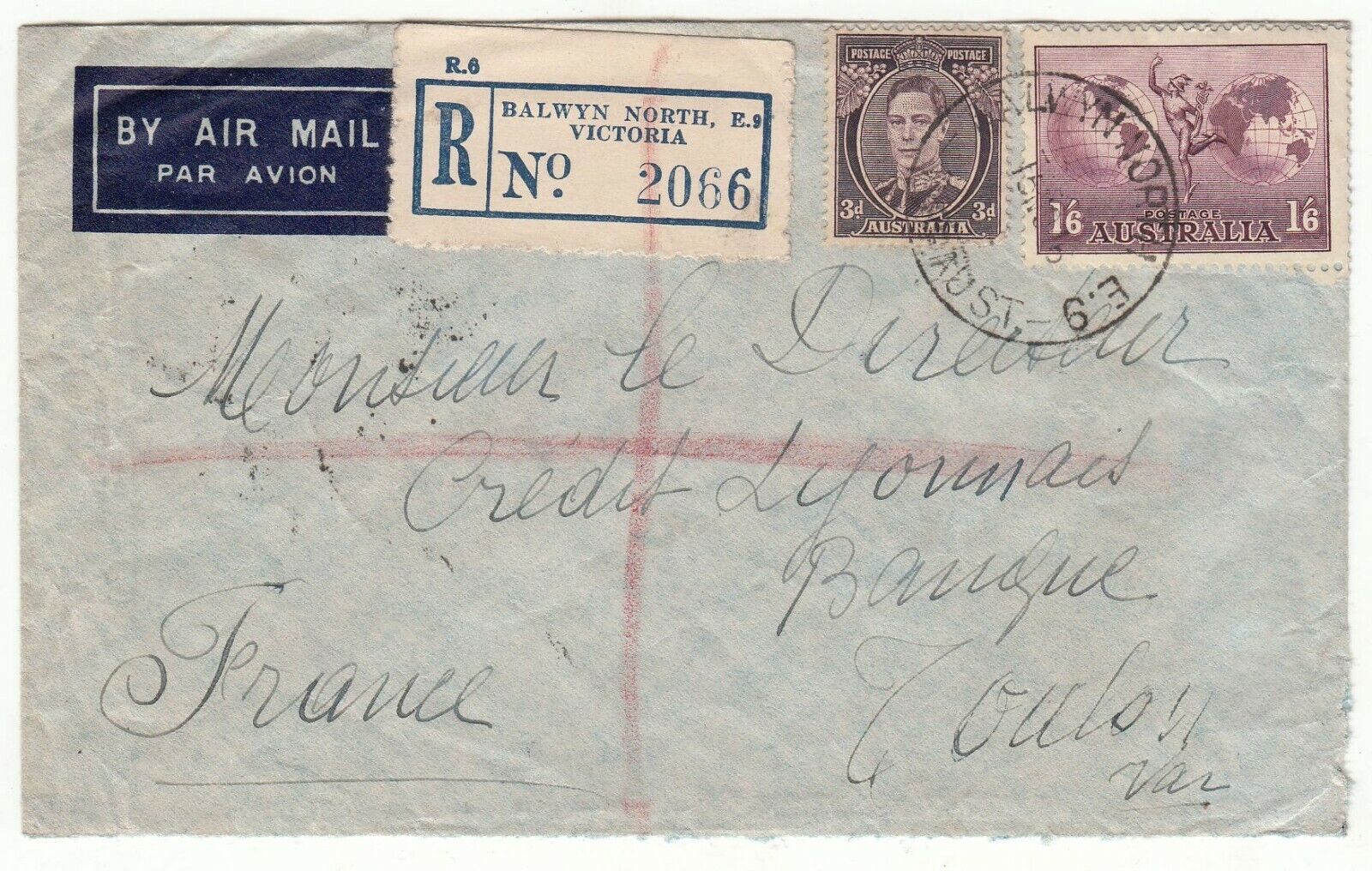 LETTRE RECOMMANDE AUSTRALIE BALWYN NORTH VICTORIA TOULON 1946 CREDIT LYONNAIS 401756776010