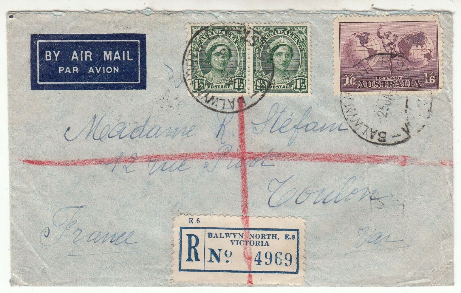 LETTRE RECOMMANDE AUSTRALIE BALWYN NORTH VICTORIA TOULON 1948 PAR AVION 401756776020