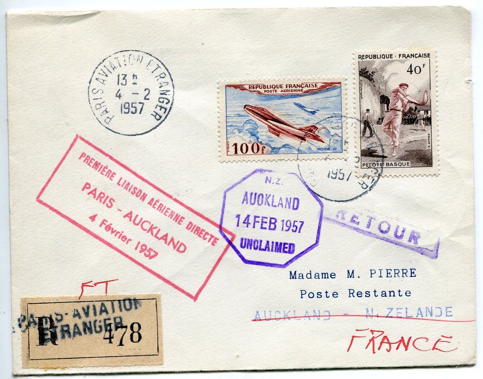 LETTRE RECOMMANDE PREMIER VOL PARIS AUCKLAND 1957 RETOUR A L ENVOYEUR 400787479920