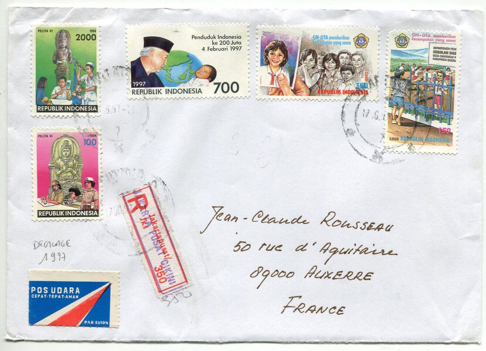 LETTRE TAKARIA INDONESIE AUXERRE FRANCE RECOMMANDE 1997 PAR AVION AIR MAIL 400731684460