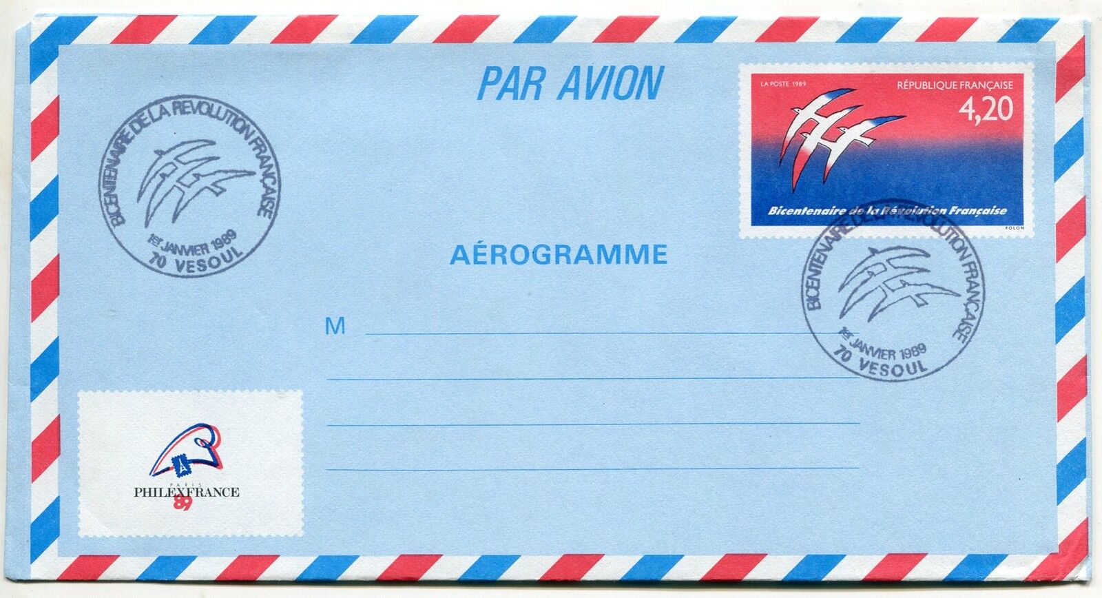 LETTRE VESOUL AEROGRAMME PREMIER JOUR BICENTENAIRE REVOLUTION 121170964230