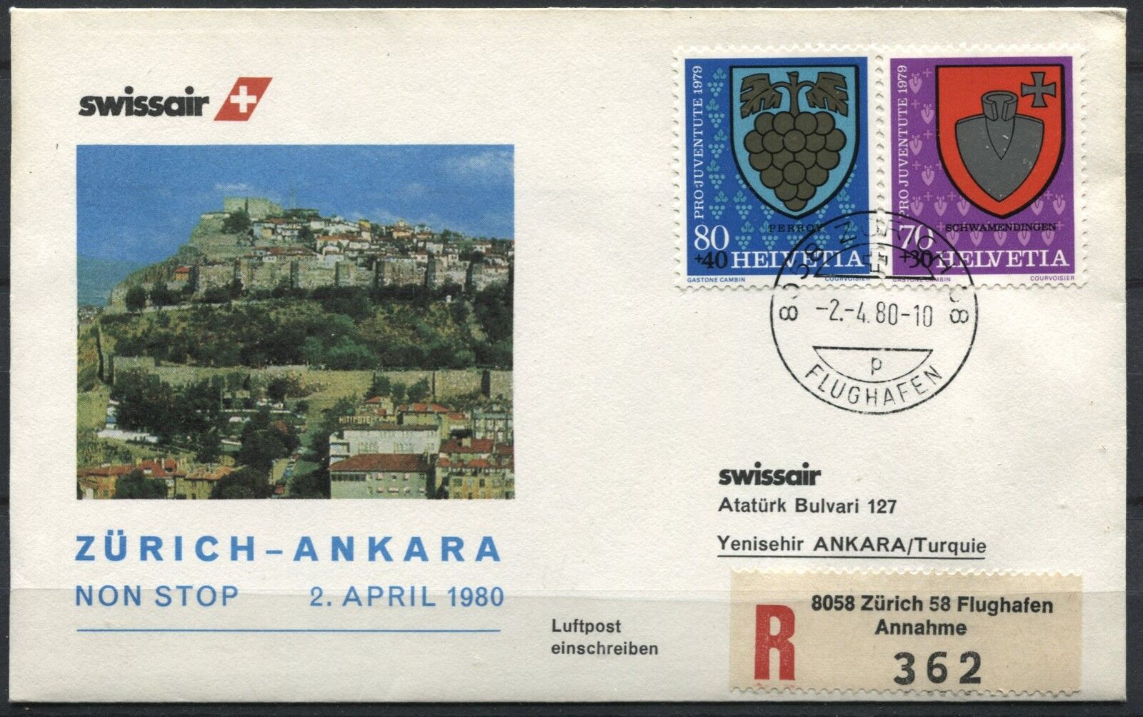 LETTRE ZURICH ANKARA 1980 SWISSAIR AVION RECOMANDER CACHET ANKARA AU VERSO 120920558640