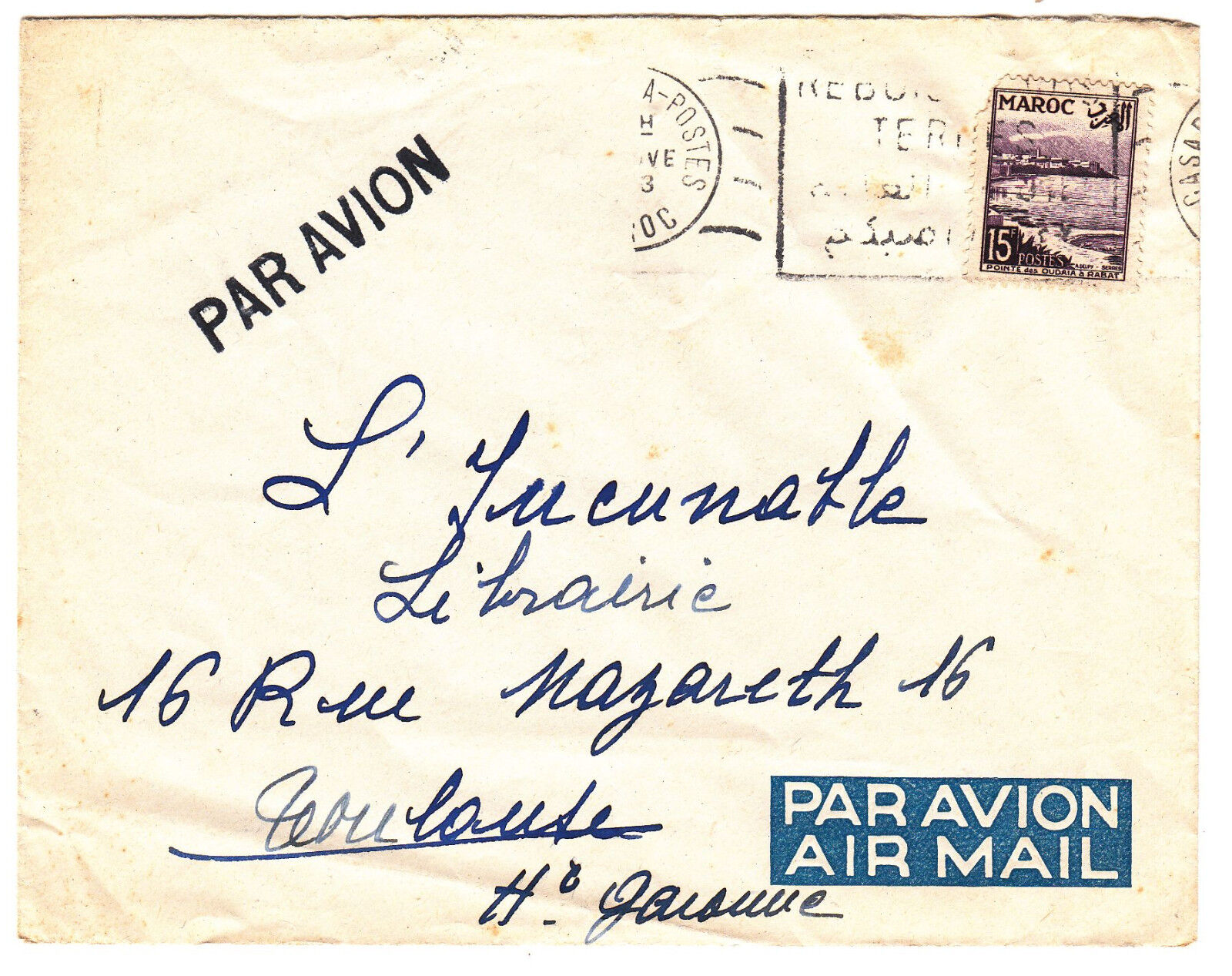 LETTREMAROC POUR TOULOUSE 1953 PAR AVION FLAMME 122858533750