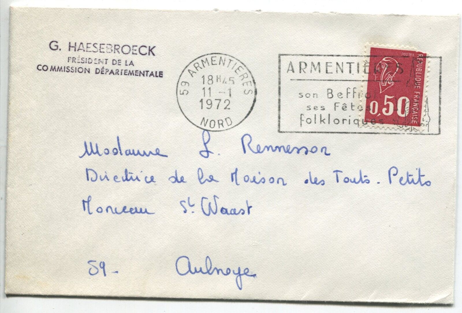 LETTRES ARMENTIERES POUR AULNOYE 1972 FLAMME 110865976580