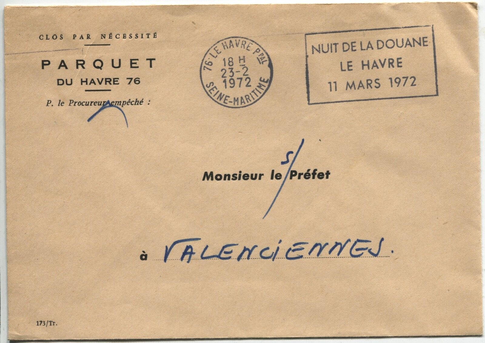 LETTRES PARQUET DU HAVRE POUR LE SOUS PREFET VALENCIENNES 1972 FLAMME 120899865380