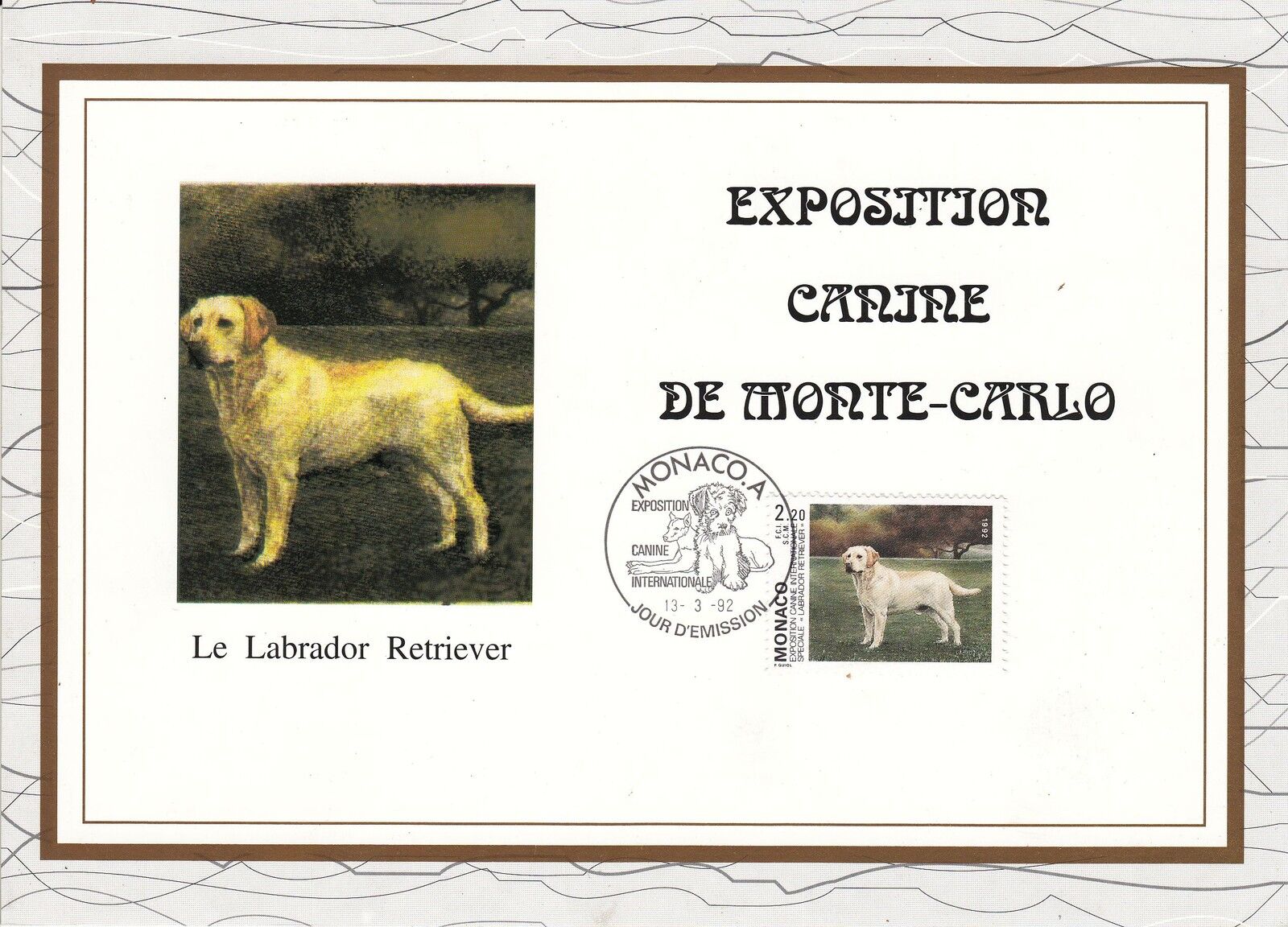 MONACO CEF PREMIER JOUR 1992 TIMBRE N 1813 LABRADOR RETRIVER CHIEN 121627167920