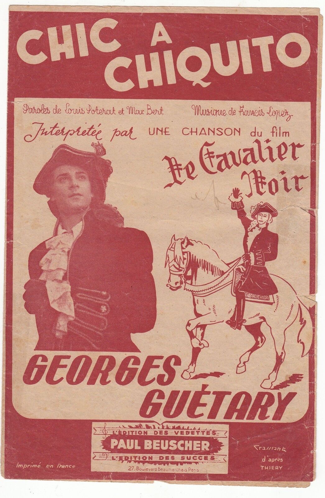 PARTITION ANCIENNE CHIC A CHIQUITO FILM LE CHEVALIER NOIR GEORGES GUETARY 121891653320