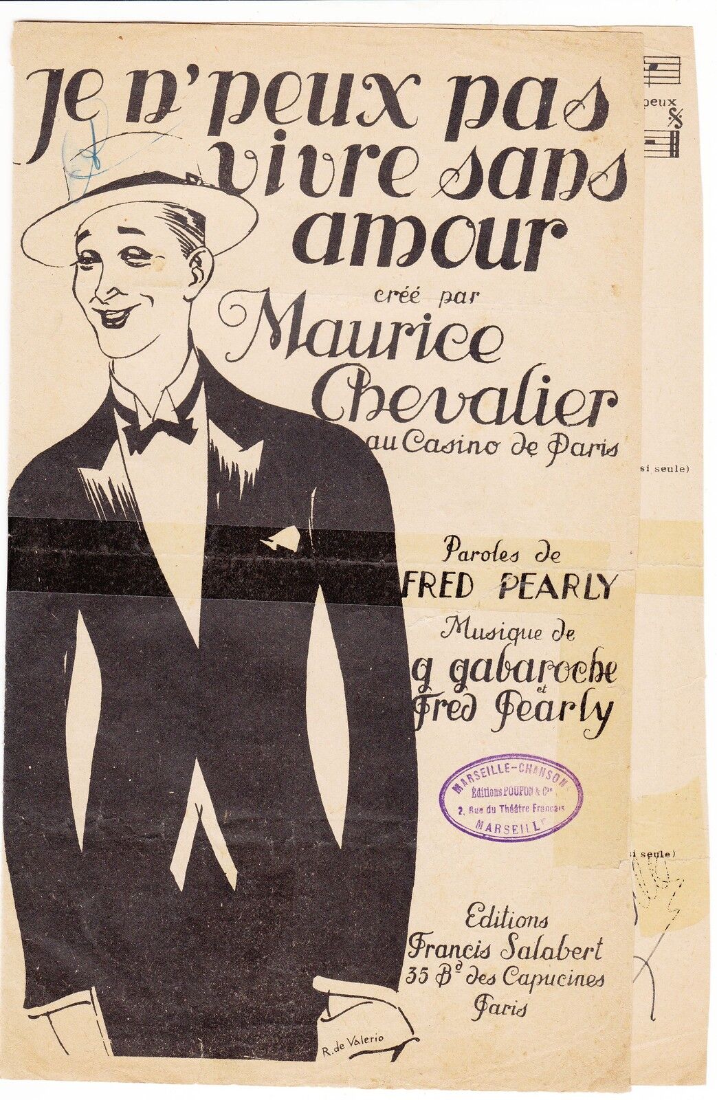 PARTITION ANCIENNE JE NE PEUX PAS VIVRE SANS AMOUR MAURICE CHEVALIER 121894698880