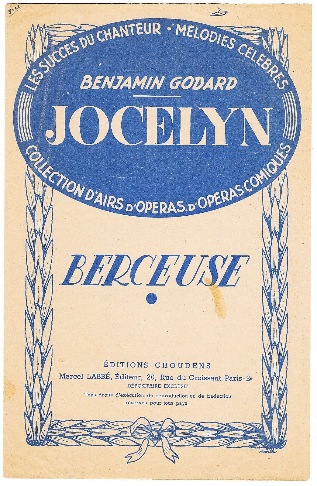 PARTITION ANCIENNE JOCELYN BERCEUSE BENJAMIN GODARD 401070104960