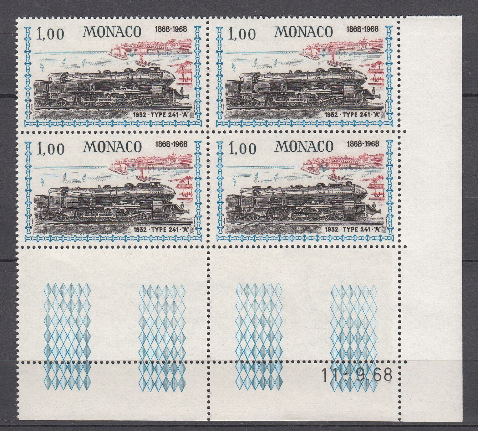 TIMBRE BLOC DE 4 COIN DATE MONACO NEUF N 756 LOCOMOTIVES PLM A241 1932 123287448200