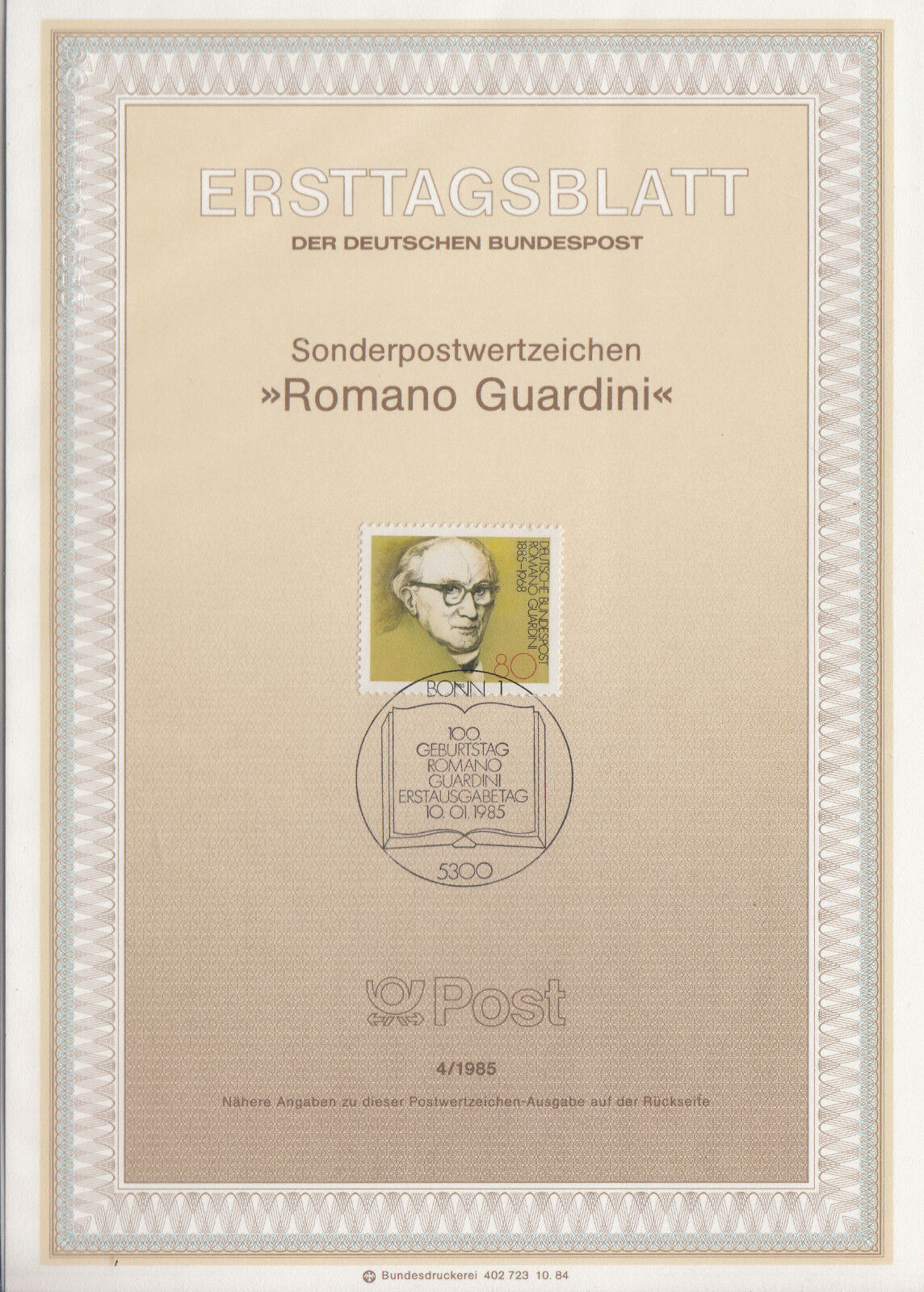 TIMBRE FDC ALLEMAGNE BONN OBL ERSTTAGSBLATT ROMANO GUARDINI 1985 122247071890