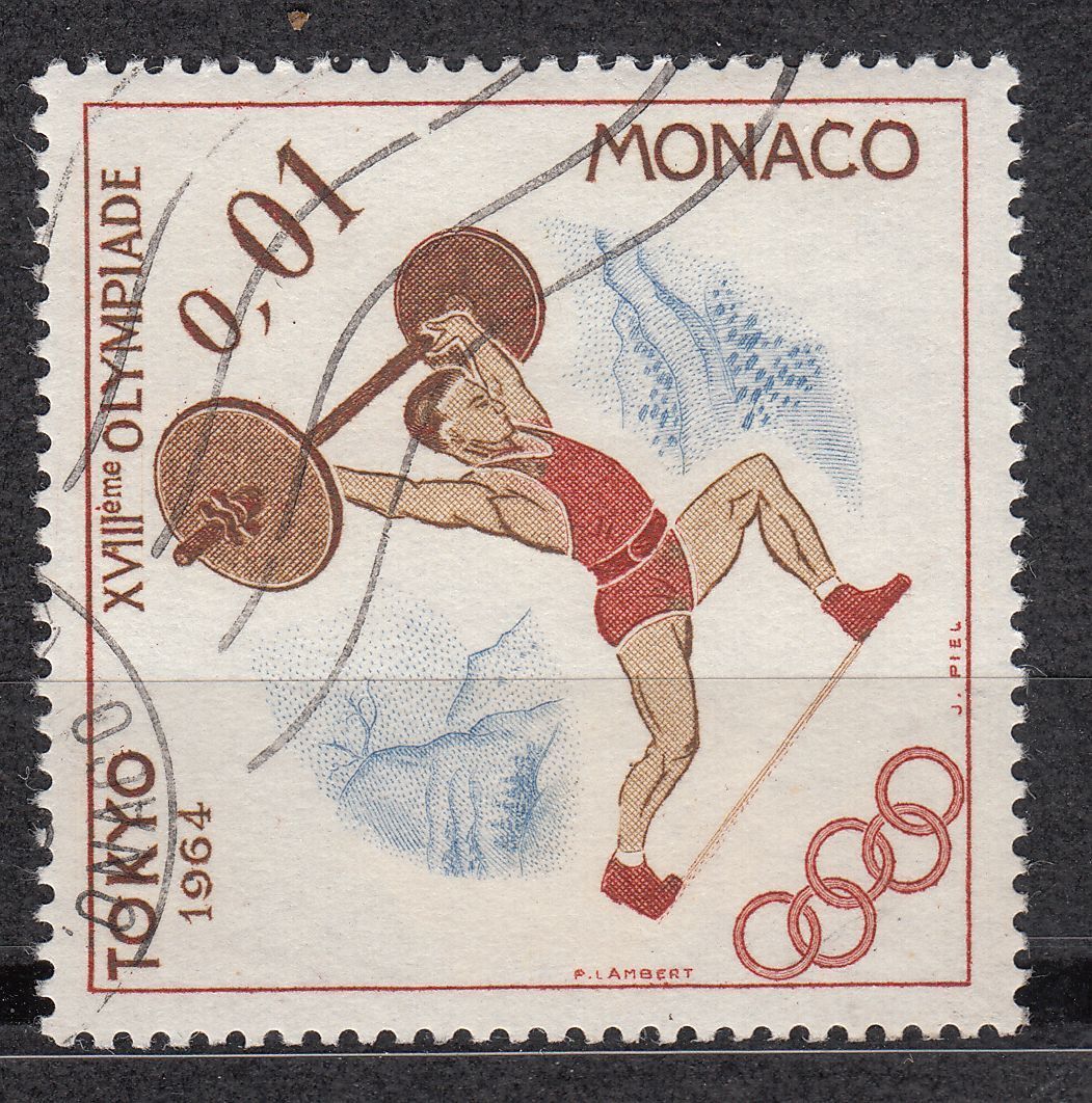 TIMBRE MONACO OBL N 654 JEUX OLYMPIQUES DE TOKYO HALTEROPHILIE 401533299890