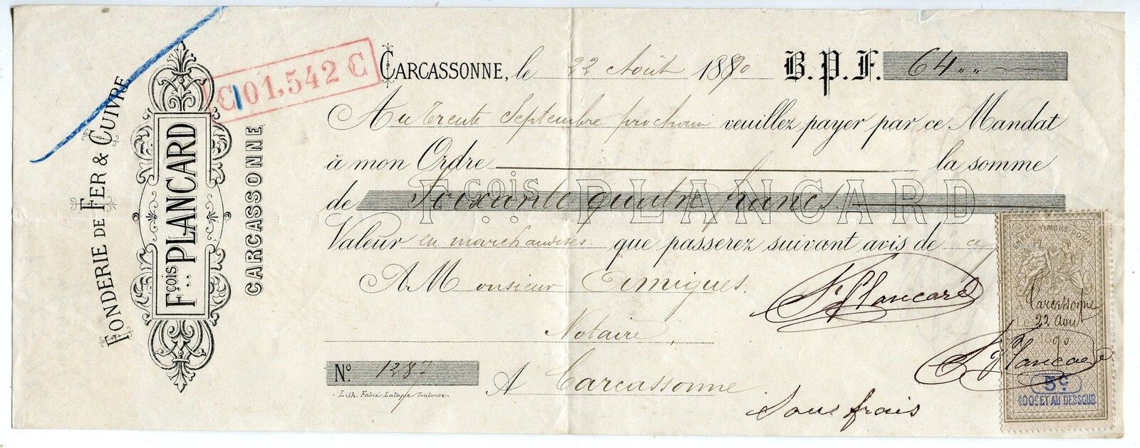 TRAITE 1890 FONDERIE DE FER ET CUIVRE F PLANCARD CARCASSONNE TIMBRE FISCAL 121488249650