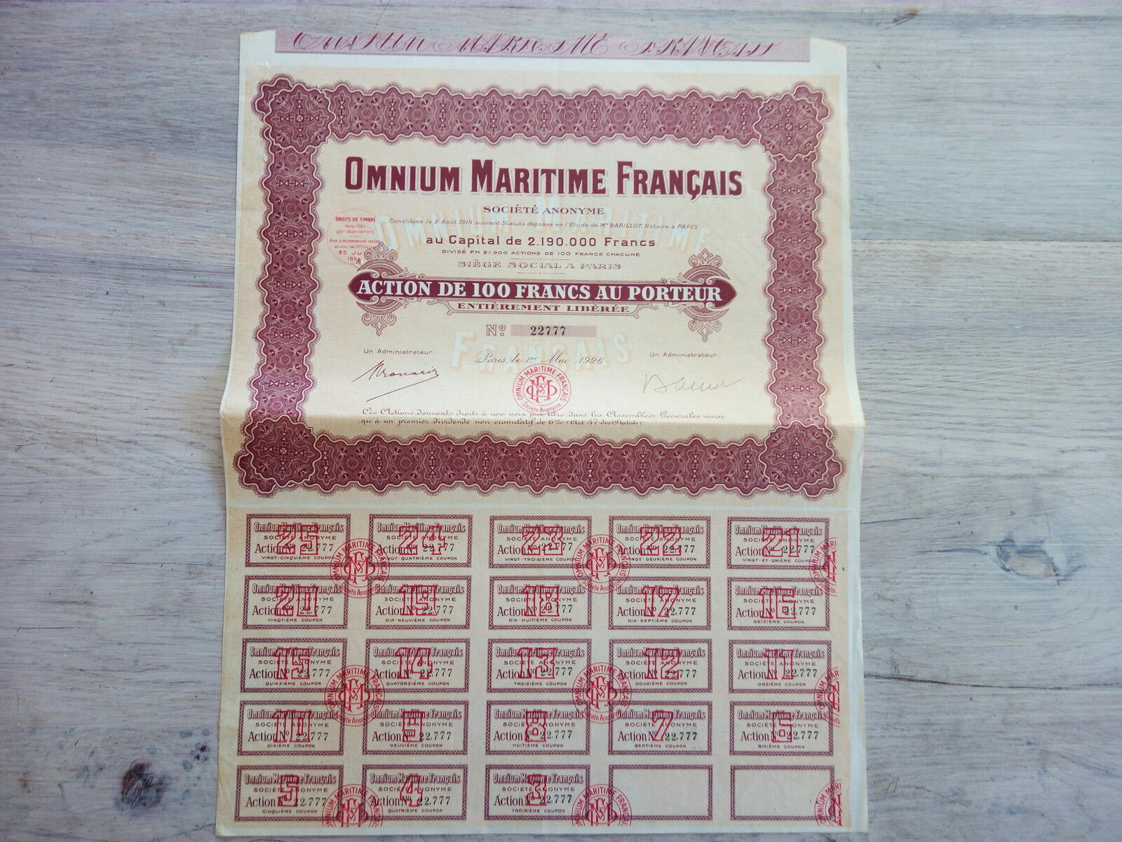 ACTION OMNIUM MARITIME FRANCAIS 1926 122030669801