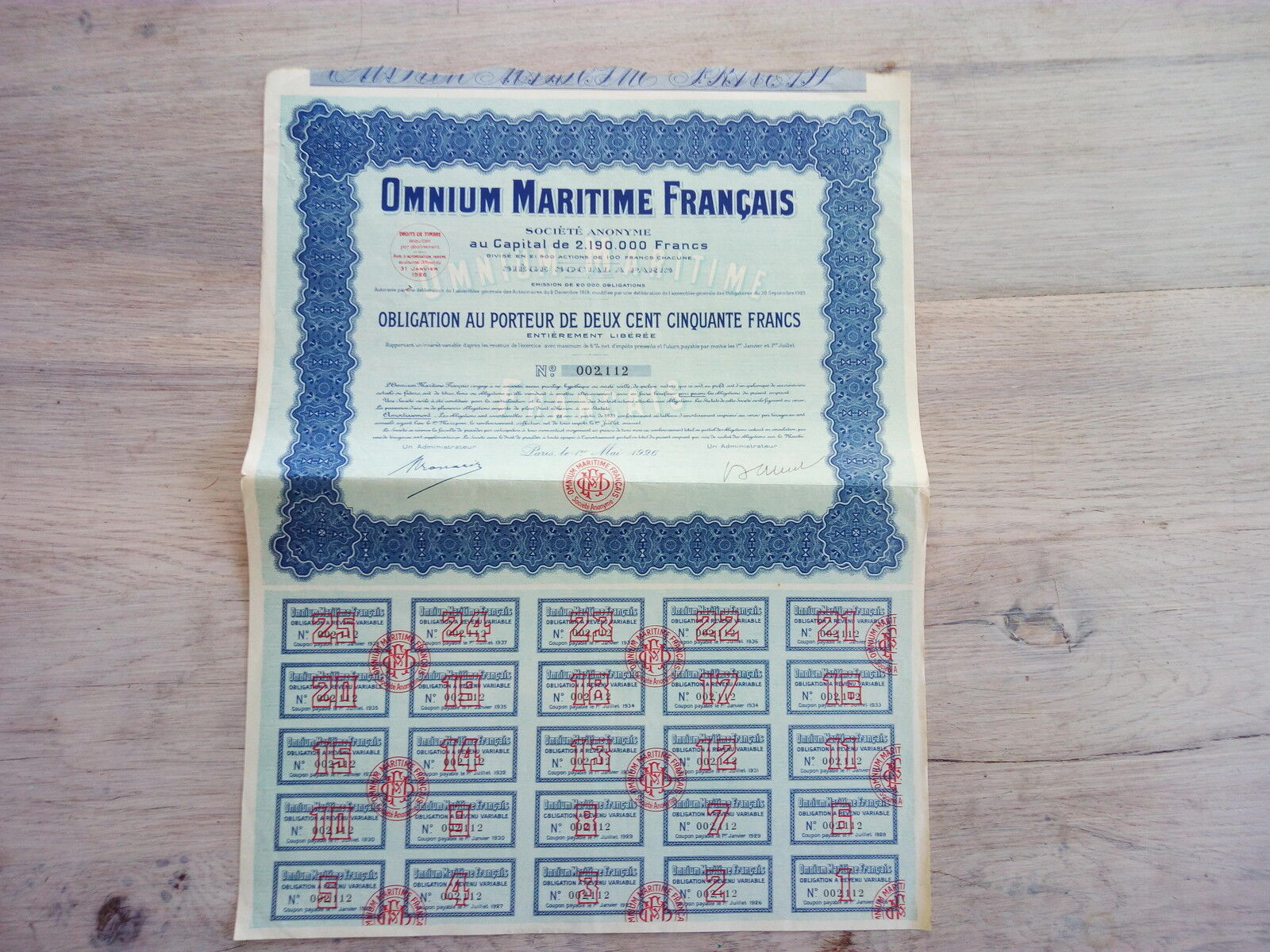 ACTION OMNIUM MARITIME FRANCAIS 1926 122030669811