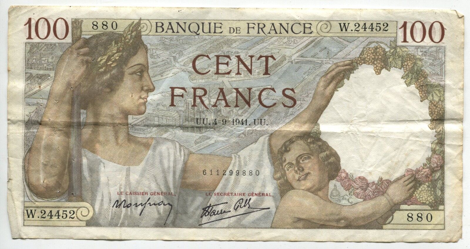 BILLET  100  FRANCS    SULLY   UU.4-9-1941.UU