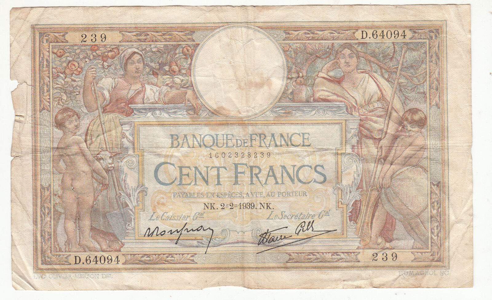 BILLET FRANCE 100 FRANCS MERSON 2 2 1939 NK 401291206751