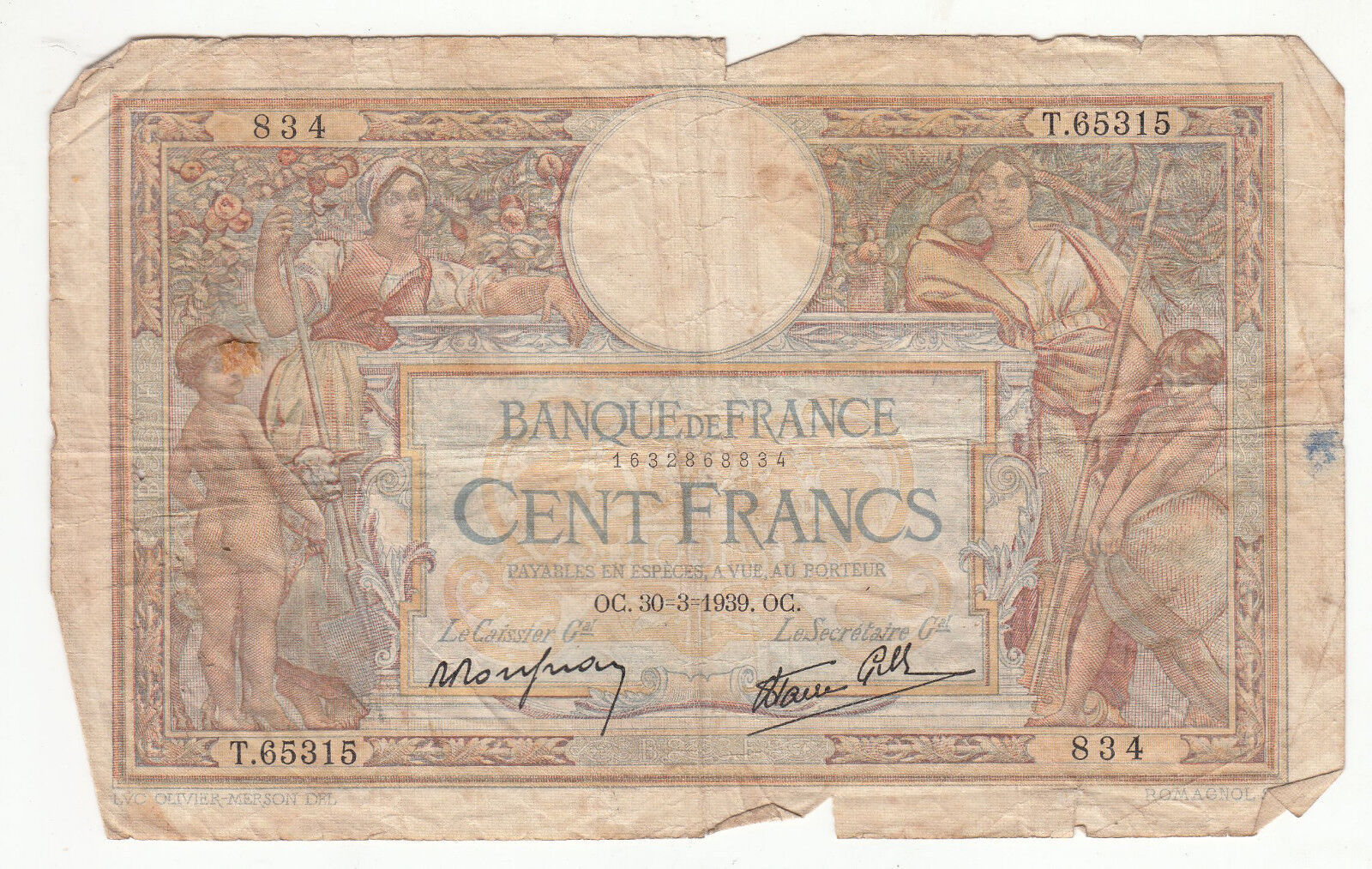 BILLET FRANCE 100 FRANCS MERSON 30 3 1939 OC 401293287011