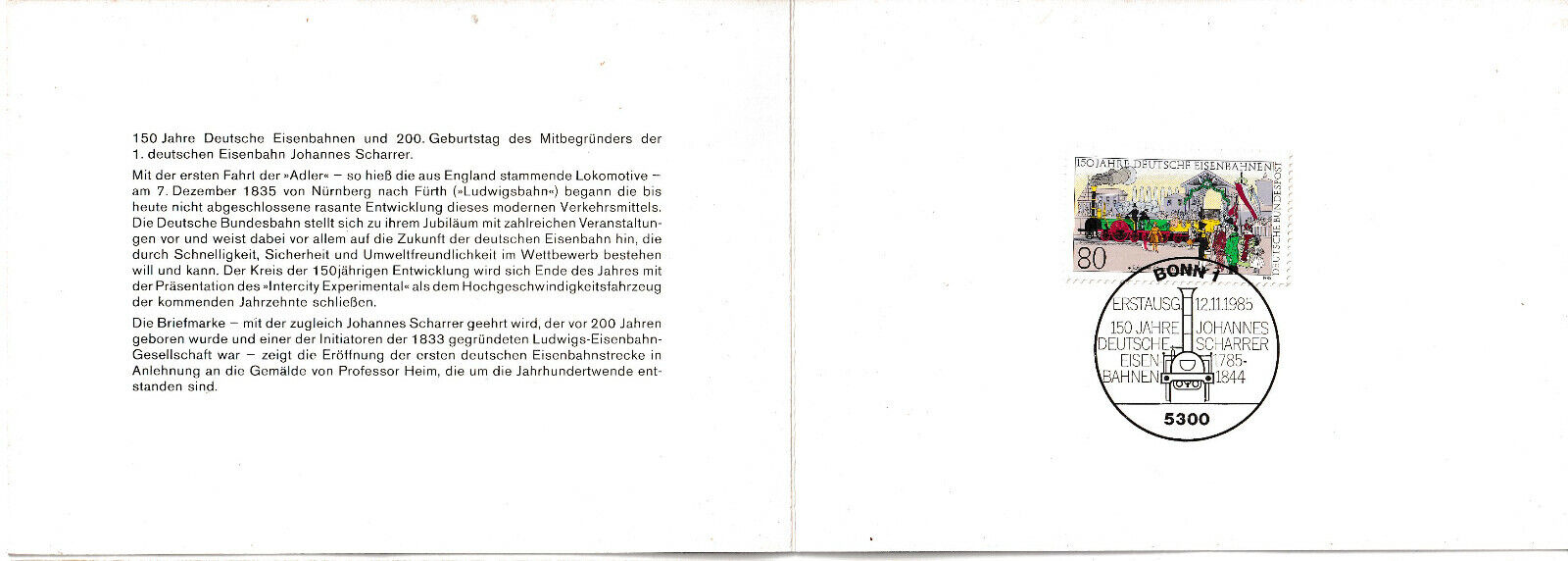 CARTE DEPLIANTE TIMBRE FDC ALLEMAGNE N 1096 LE 1 TRAIN EN GARE DE NUREMBERG 403574149611