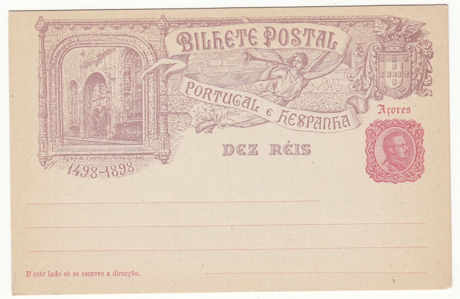 CARTE ENTIER POSTALE NEUF PORTUGAL COLONIE ACORES CONCEICAO VELNA 1498 1898 401454671201