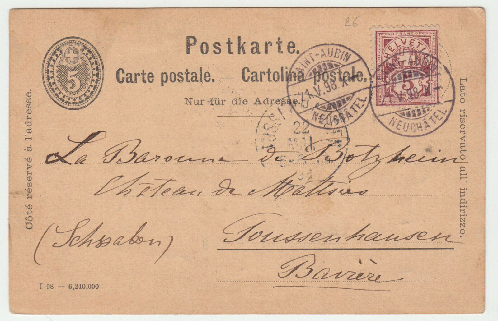 CARTE ENTIER POSTALE SUISSE 1898 SAINT AUBIN POUR FOUSSENHANSEN BAVIERE 402824626881