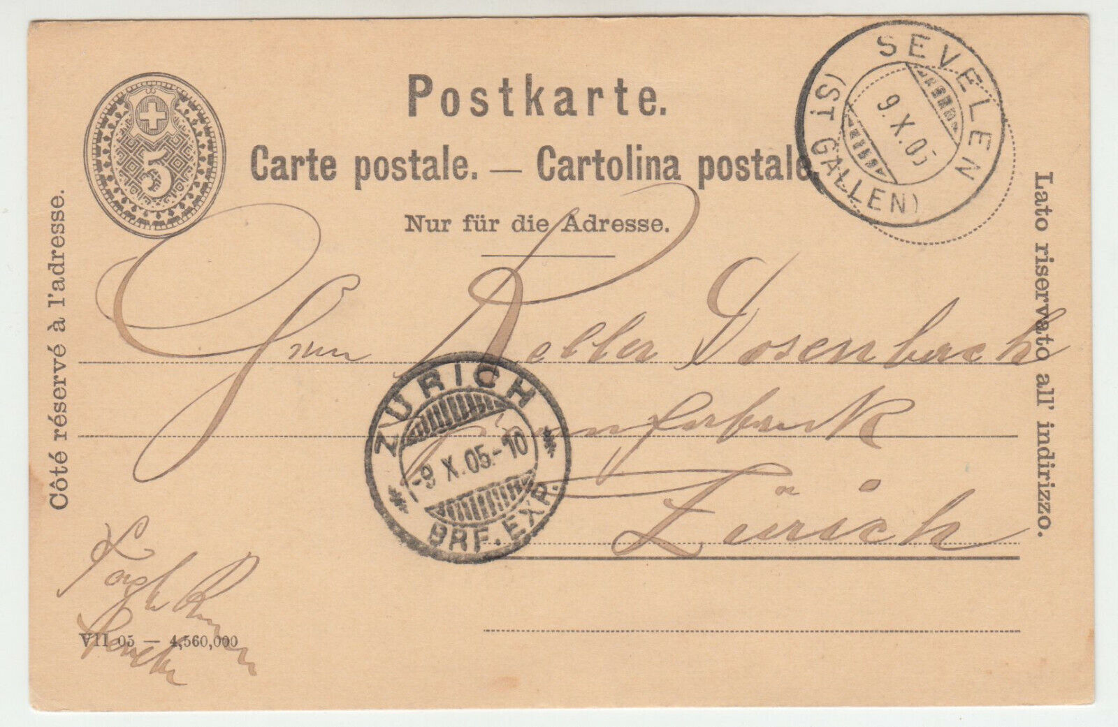 CARTE ENTIER POSTALE SUISSE 1905 SEVELEN POUR ZURICH 124710084831