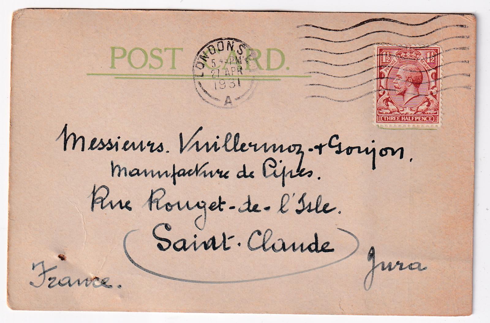 CARTE LETTRE PUBLICITAIRE GRANDE BRETAGNE POUR ST CLAUDE 1931 403424555301