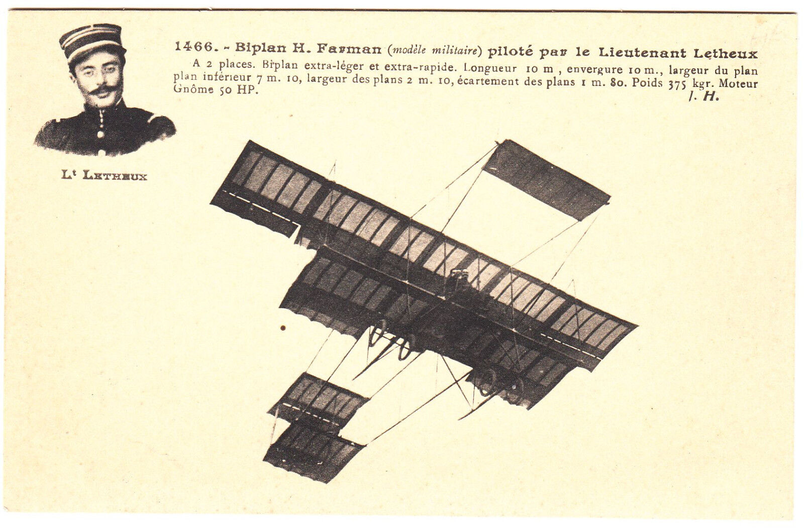 CARTE POSTALE AVIATION BIPLAN FARMAN MODELE MILITAIRE PILOTE LIEUTENANT LETHEUX 401256070071