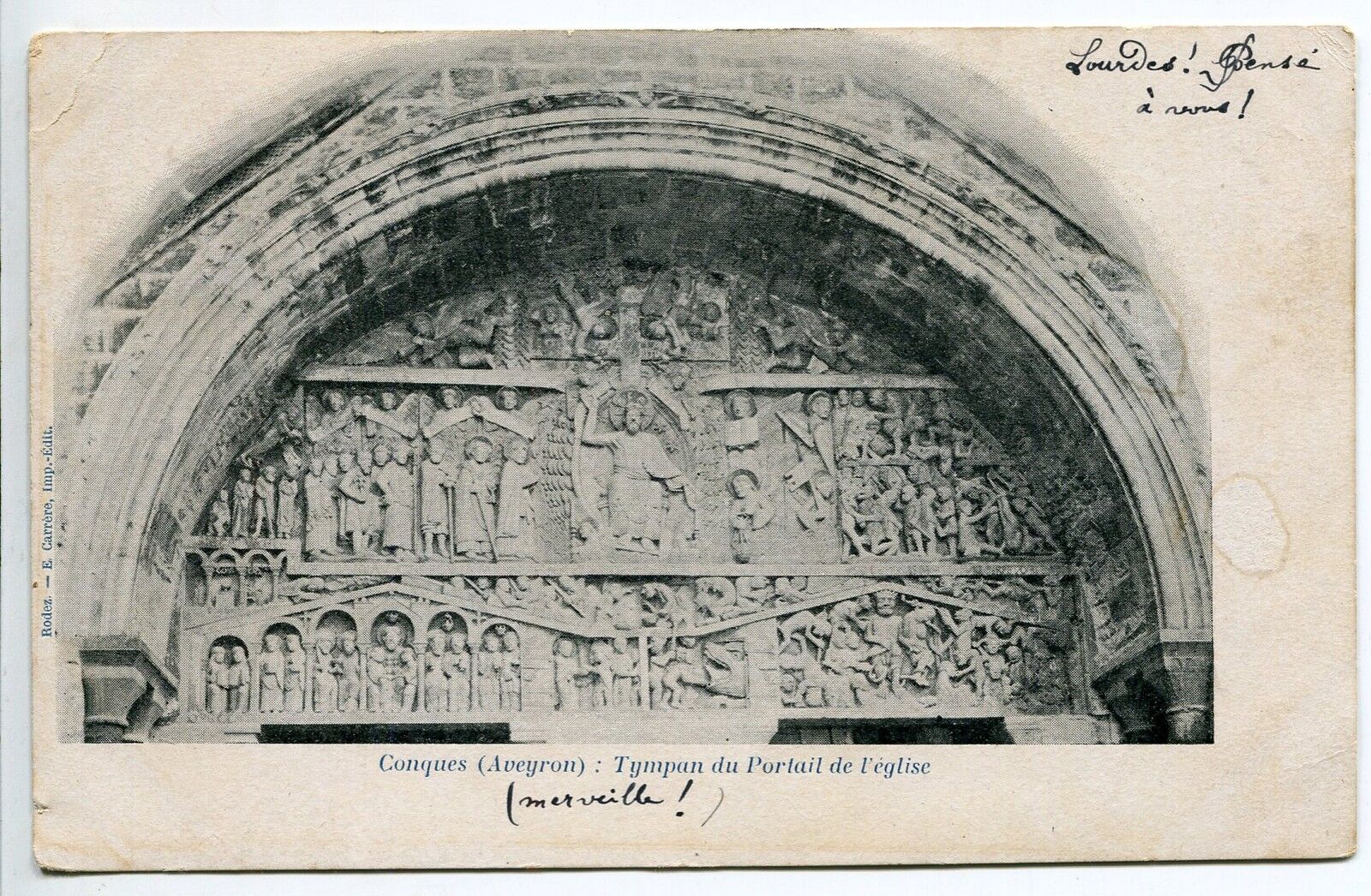 CARTE POSTALE CONQUES TYMPAN DU PORTRAIT DE L EGLISE CACHET B 121505220251