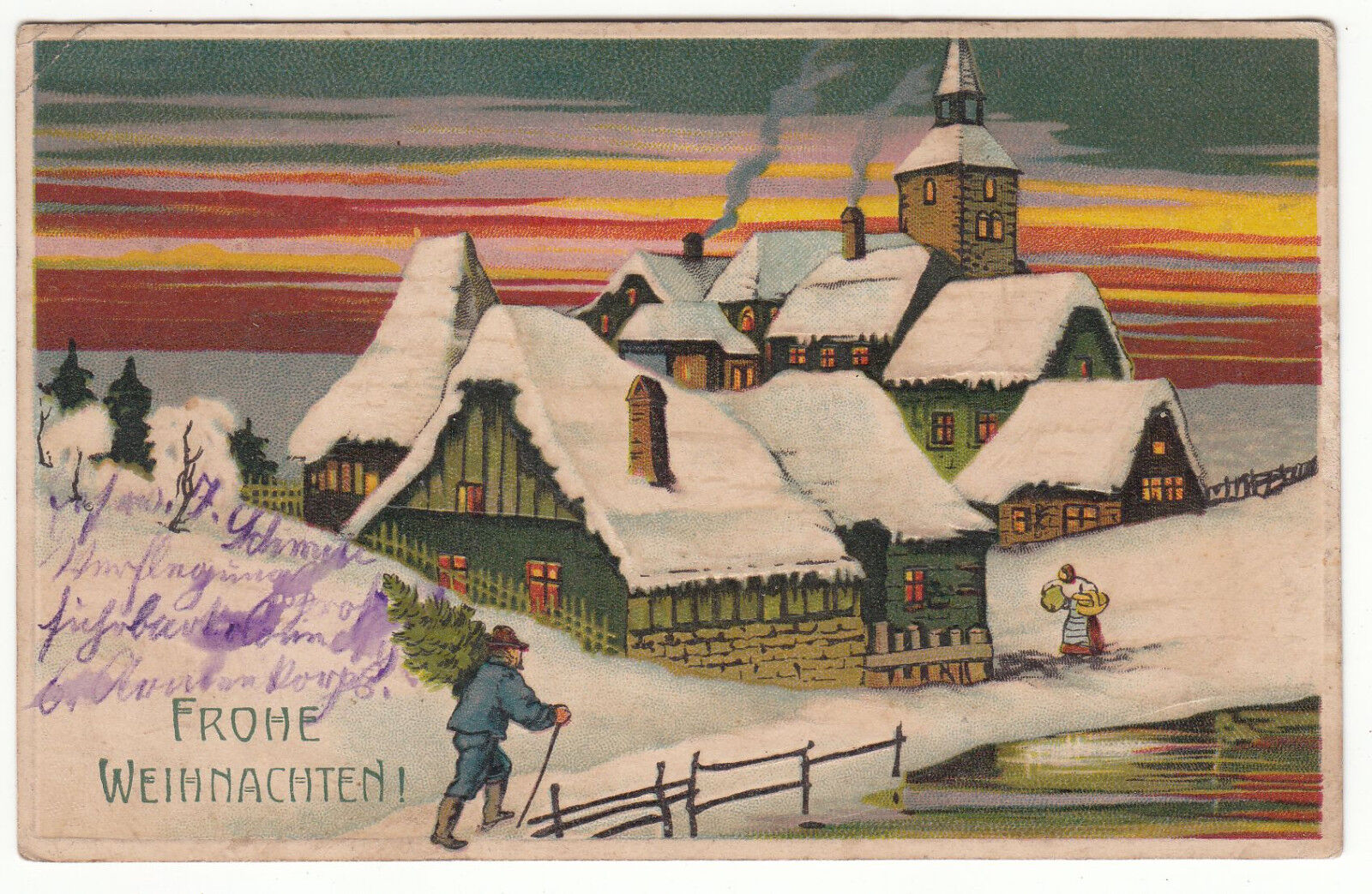 CARTE POSTALE FANTAISIE GAUFREE frohe weihnachten village dans la neige 122268957281