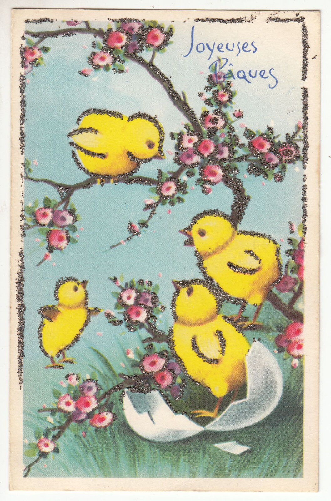 CARTE POSTALE FANTAISIE JOYEUSES PAQUES POUSSINS JAUNE PAILLETTE 401389598451