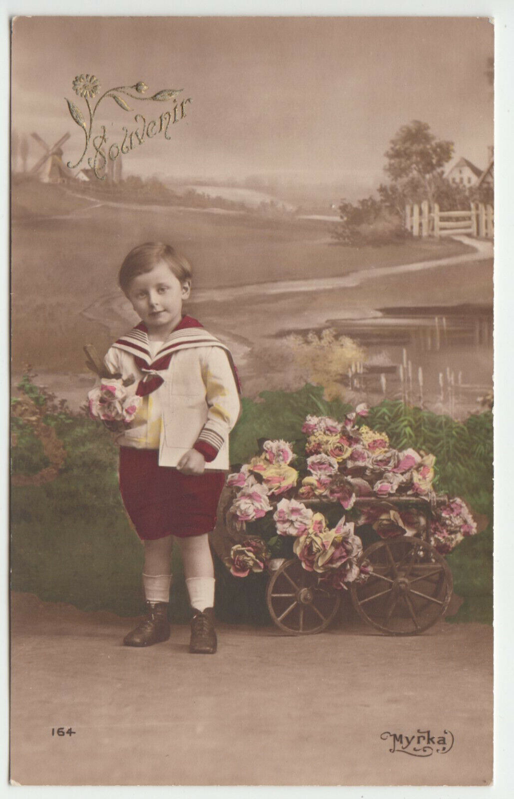 CARTE POSTALE FANTAISIE SOUVENIR ENFANT CHARIOT DE FLEURS 124177555781