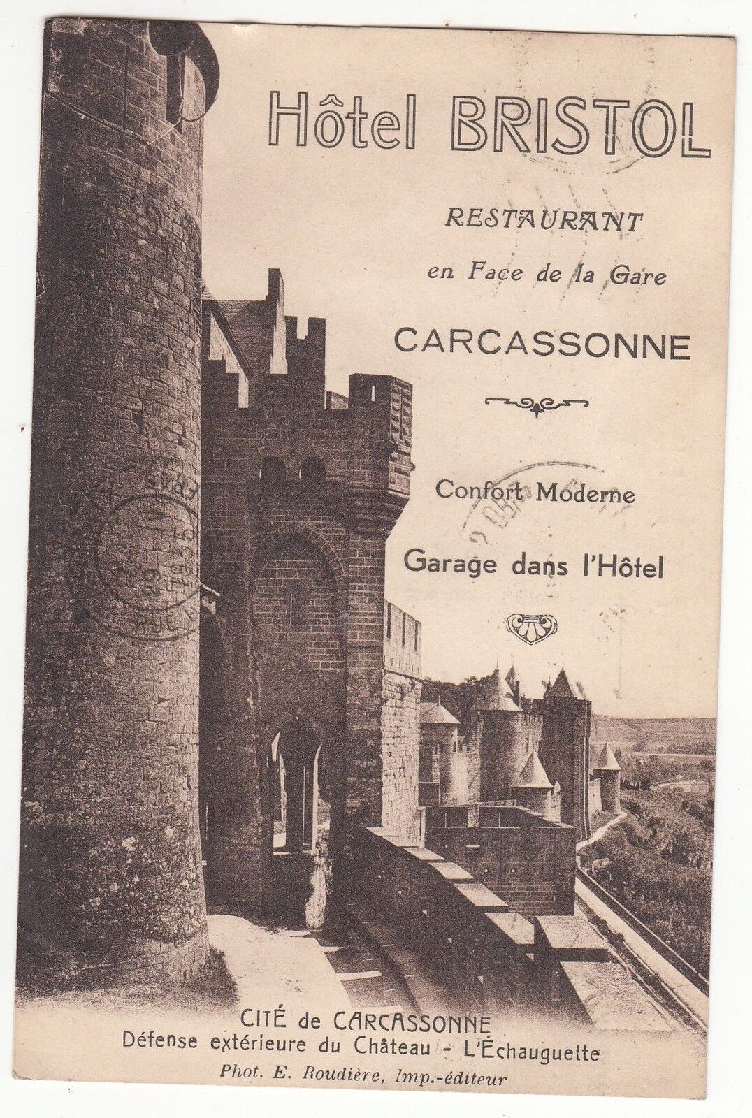 CARTE POSTALE HOTEL BRISTOL RESTAURANT CARCASSONNE EN FACE DE LA GARE 1935 121707767871