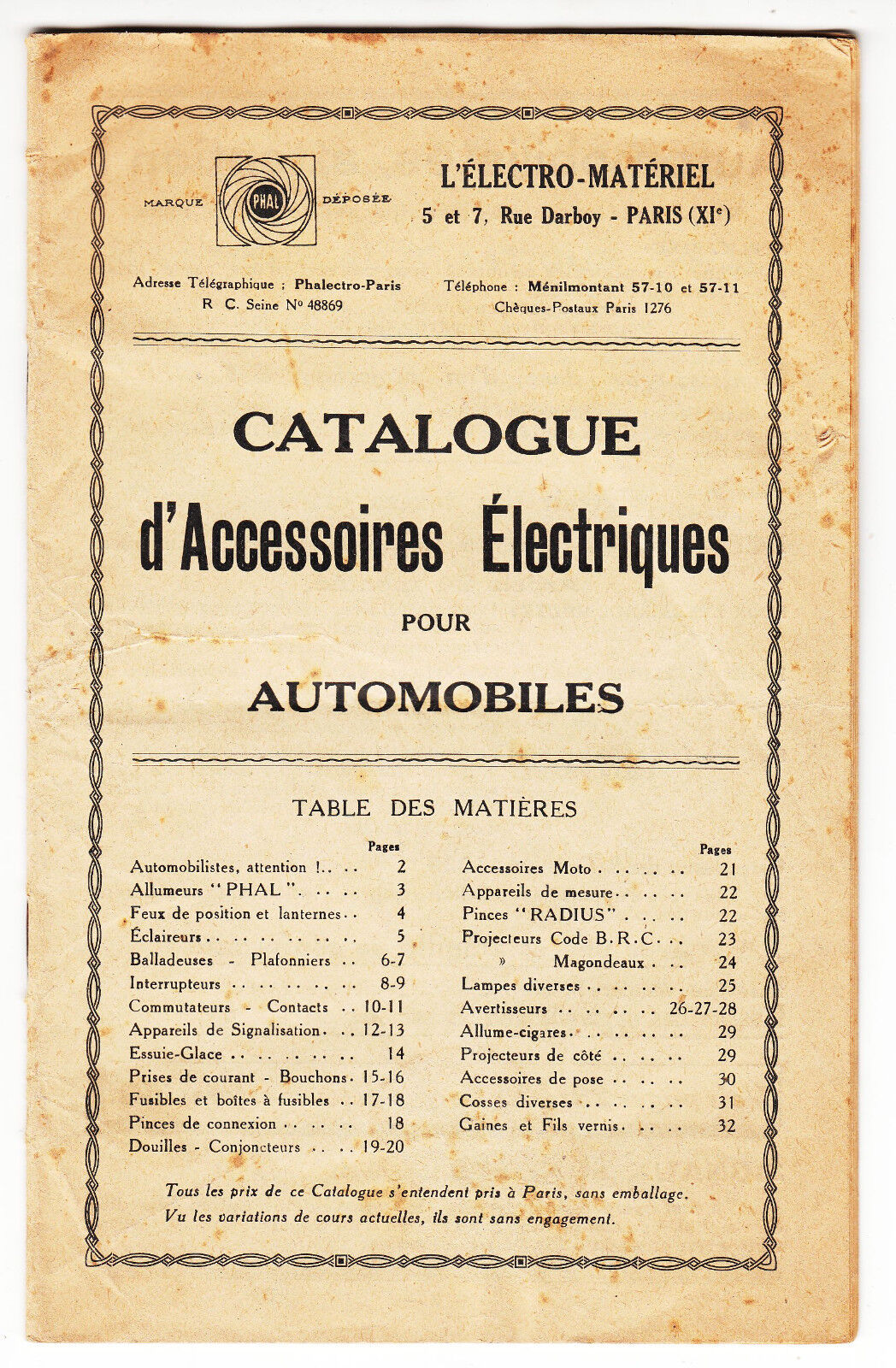 CATALOGUE D ACCESSOIRES ELECTRIQUES POUR AUTOMOBILES MARQUE PHAL PARIS 122847722531