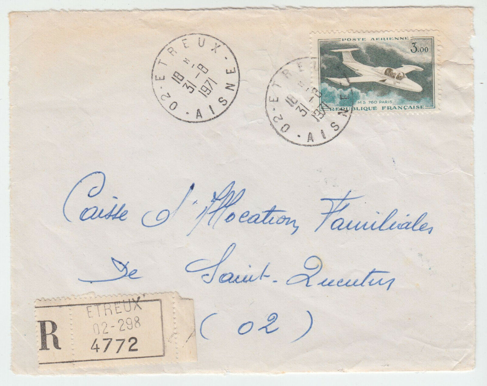 DEVANT DE LETTRE ETREUX POUR ST QUENTIN 1971 RECOMMANDE 402088421911