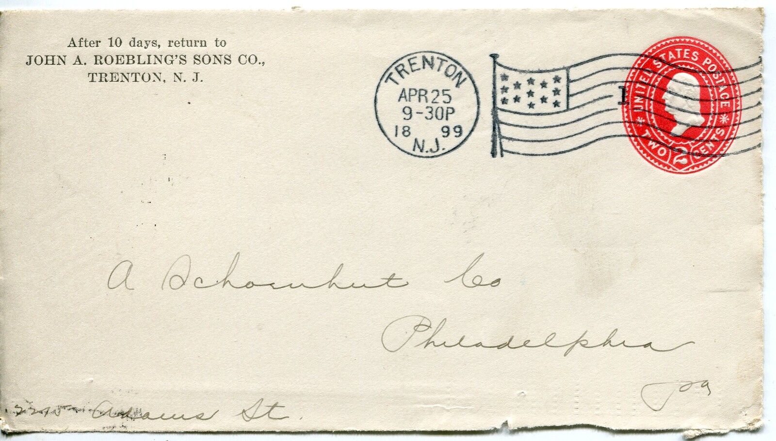 DEVANT LETTRE ENTIER POSTALE USA 1899 TRENTON POUR PHILADELPHIA 121229084301