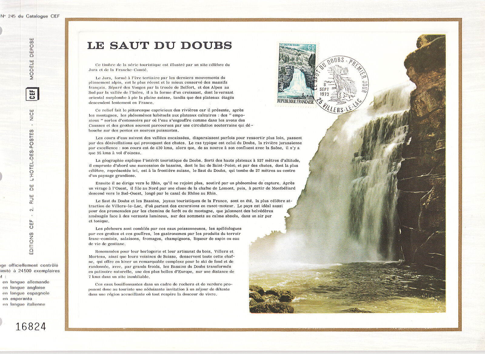 DOCUMENT CEF PREMIER JOUR 1973 LE SAUT DU DOUBS 121072666281